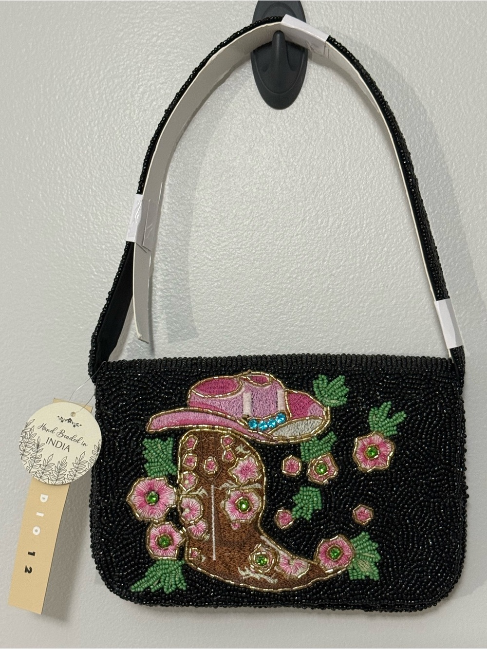 Studio 12 Hand-Beaded in India Purse. Black beads-pink Cowgirl Hat & Boot. RARE